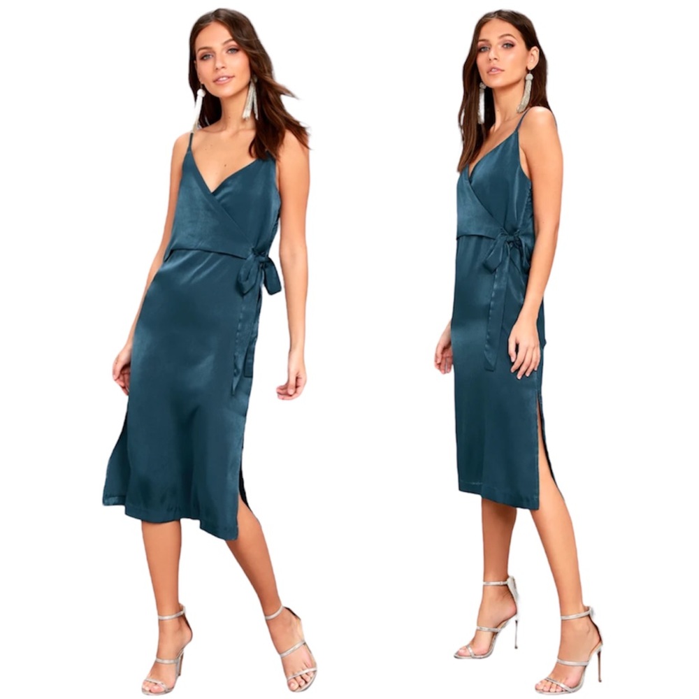 NWT J. O. A. Lulus Fall in Love Teal Blue Satin Midi Wrap Dress